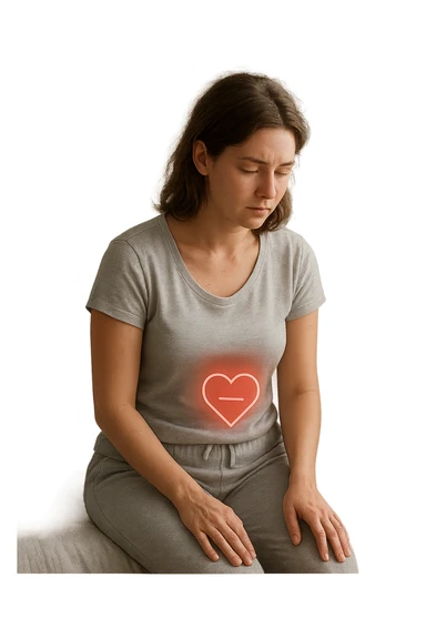 3D realistic medical illustration: a young woman in her 20s or 30s sits on the edge of a bed in a softly lit bedroom, looking thoughtful and slightly concerned. She wears comfortable loungewear, her posture is slouched, and her expression is subdued. Subtle visual cues—such as a faded calendar with missed menstrual cycles and a dimmed heart or energy icon near her abdomen—symbolize low libido and amenorrhea. The scene is realistic, intimate, and empathetic. sticker