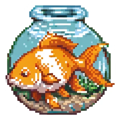 goldfish, pixel art style, retro pixel, orange and white, cartoonish sticker