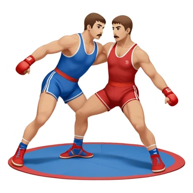 Two Sambo fighters in blue and red gis with shorts and wrestling shoes, executing gripping and throwing techniques. The fighters are engaged in a dynamic, action-packed moment with no strikes. The background features a wrestling mat, focusing on the technique and control. Transparent background  sticker