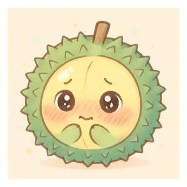 chibi-style round durian character with a green spiky shell and yellow flesh, blushing and shy with sparkly eyes, in pastel tones sticker