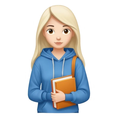 A flat-style illustration of a woman college student with a tote bag over her shoulder and a book in one hand. The student wears a hoodie. Clean cartoon style, white background, iOS emoji aesthetic. sticker