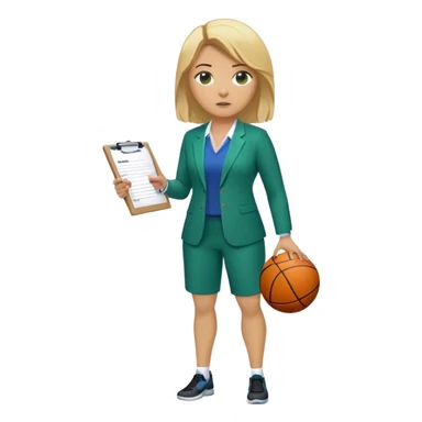 Full Body white plus size female basketball head coach using a clipboard with medium length blonde hair in a blue and green suit sticker