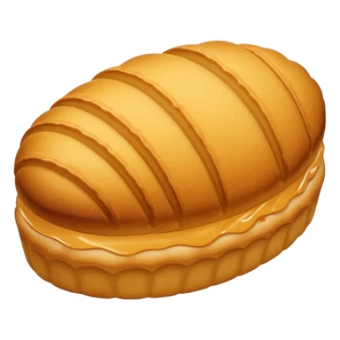 A madeleine pastry. Oval shaped with vertical lines going in the same direction as the oval. Light golden brown. Scalloped edge. Cookie. Flat. sticker