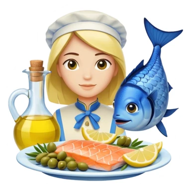 Mediterranean cuisine avatar in clean emoji-style illustration. Olive oil, fish, lemon, blue and sunny colors, light and fresh mood, flat design, high contrast. sticker