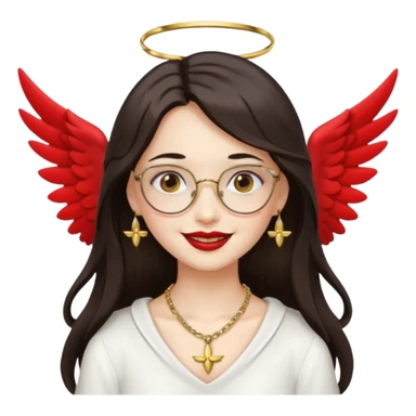 Angel girl with eyeglasses and Middle parted hair long dark hair with red lipstick  and push gold necklaces and dark eyes with withe wings and smile with withe teeth sticker