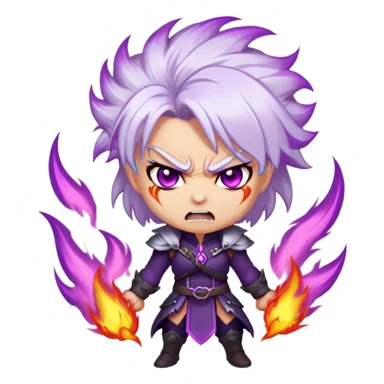 Chibi Sable Ward with rage expression, furious face, glowing purple eyes, white hair with purple streaks, flaming effect around her, angry expression sticker
