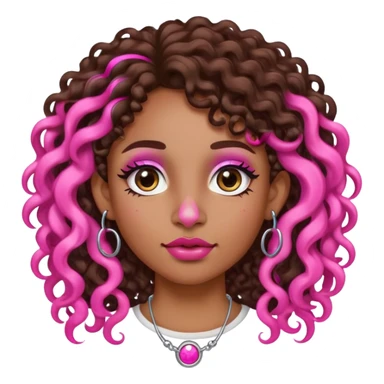 Cabelo grande cacheado, com mecha rosa no lado esquerdo, sou morena, tenho piercing na boca, tenho na sobrancelha, um ponto de luz no lado direito do nariz e do lado esquerdo uma argolinha  sticker