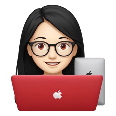 filipino long hair black fair skin with red eyeglasses freelancer with MacBook, smiling. sticker