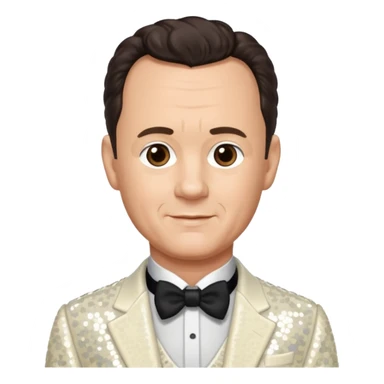 Tom Hanks with dark brown hair, ivory sequin outfit sticker