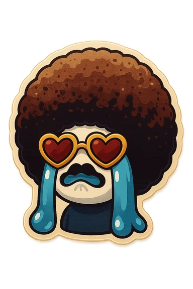 White circle face, afro, heart glasses, Crying with large tears, sobbing, lip quiver sticker