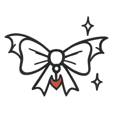 devil bow, minimalist, matte black, sharp edges, small red horn charm, modern dark aesthetic, bat wings, sparkles sticker
