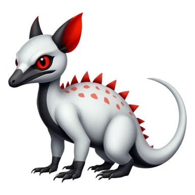 a white exotic edgy vernid-fionbr-Fakémon-creature, with black belly and red eyes, full body sticker