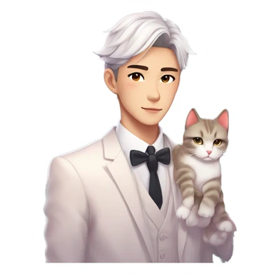 Gorgeous romantic anime style Asian formal modern gentlemanly guy with cat ears and flowers and blushing face aesthetic trending style outside with colorful gradient colors sticker
