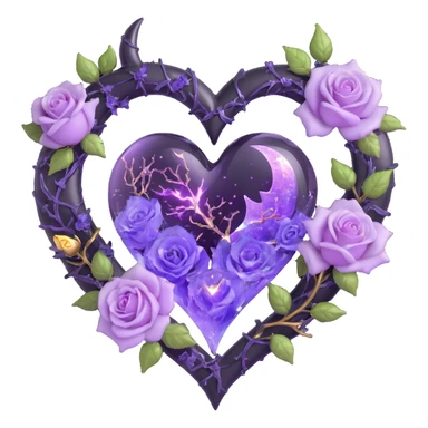 gothic heart made of pale purple glass, silver crescent moon, glowing lavender roses, holographic stardust, neon gold lightning, wet and cracked glass sticker