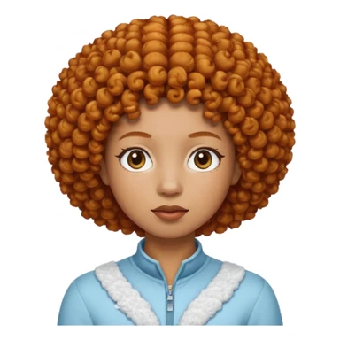 Create an iOS-style emoji of Ice Spice. Neutral facial expression, front-facing head only. Curly ginger short afro hairstyle. Clean Apple emoji style, smooth shading, simple shapes, plain background. sticker