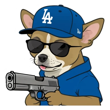 Chihuahua with Los Ángeles Dodgers cap, sun glasses and holding a gun  sticker