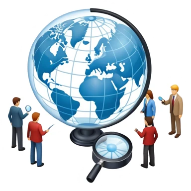 An icon featuring a group of people, a network diagram, and a magnifying glass, symbolizing sociology. The design includes a globe and interconnected lines, representing social structures and relationships. Transparent background highlights the study of societies and human behavior. sticker