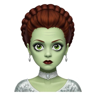 Bride of Frankenstein from Universal Monsters with pale greenish skin, dark auburn hair, white sequin outfit sticker