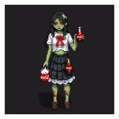 Generate an Asian girl, dark-haired, she's a zombie, wearing a skirt with lace, slightly torn,
Holding a bottle of Coca-Cola in her hands.
Background: a dark street in the style of Gotham City  sticker
