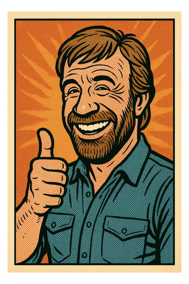 caricature style illustration of Chuck Norris giving a thumbs up, big smile, comic exaggeration, playful and fun sticker