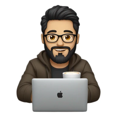 Designer with black hair, beard and glasses working with MacBook and drinking cappuccino  sticker