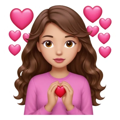 girl with long wavy brown hair, brown eyes, light to medium complexion, in a pink shirt, pink lips, long lashes, many  hearts in hand sticker