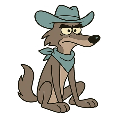 grey coyote, light blue cowboy hat, light blue neckerchief, sitting, flat toon style sticker