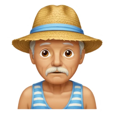 Make a picture of an old man on a beach, sweating profusely because the sun and air is so hot sticker