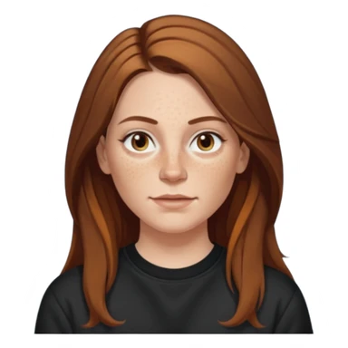 A 38 year old white woman with long brunette hair parted in the middle. She has a nose ring. She has brown eyes. She has freckles and is wearing a black sweatshirt sticker