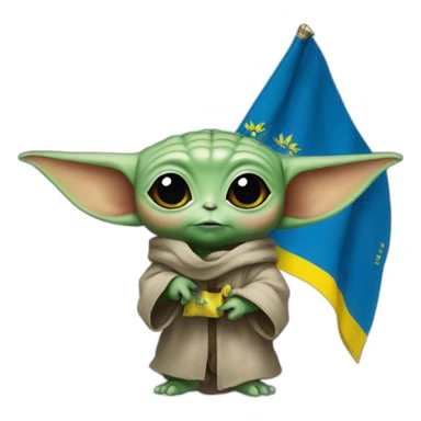 baby yoda holds Ukraine flag sticker