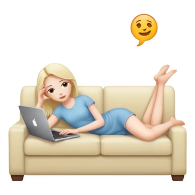 A white girl is lying on a sofa with a laptop sticker