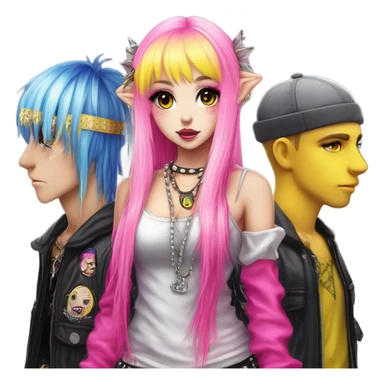 Blue eyed long eye lashes pout blonde and pink hair pale hime gyaru girl, hot pink and yellow split-dyed hair, nose ring, elf ears, dark makeup, punk clothes standing next to three diffrent men praying on their knees sticker