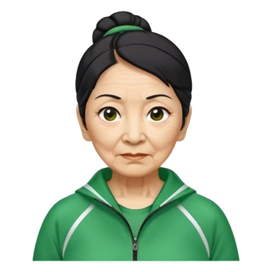 Cha: Age Late 50s, a Asian old woman with black hair tie, Green player tracksuit sticker