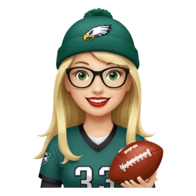 full length women wearing eagles uniform, long blonde hair, bangs, green eyes, black rectangle glasses, holding football, number 33, smiling, lipstick, eagles beanie sticker