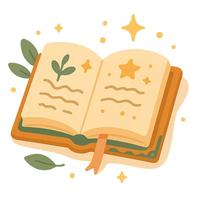 A cute open book lying on a cozy surface, designed in a soft and magical color palette: golden orange (FA9B41), deep forest green (4A7C5C), warm taupe brown (96775A), and pastel peach (FFCC9A). The pages are slightly aged with gentle curves, featuring whimsical illustrations, tiny stars, and elegant handwritten text. The book cover, visible beneath the open pages, has decorative patterns and a ribbon bookmark in peach and green tones. Around the book, add soft light, a few leaves, or glowing sparkles, creating a dreamy, enchanted, storybook-like atmosphere. The overall mood is warm, magical, and gentle sticker