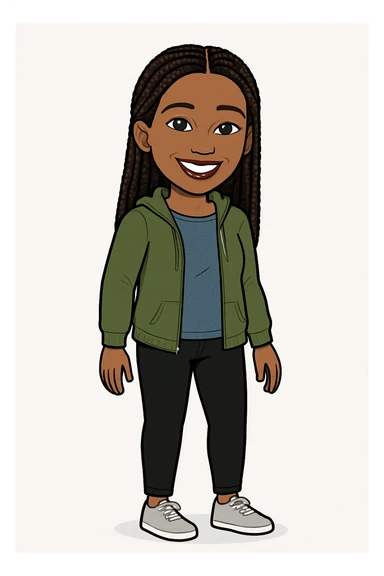 bitmoji style brown woman with braids, casual outfit, smiling sticker