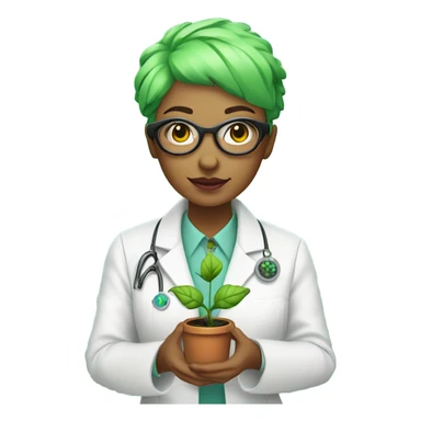 cyborg scientist wearing a lab coat and holding a small plant, woman with green hair, pixie cut sticker