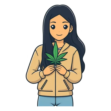 Woman with long black hair, tan skin, with marijuana sticker