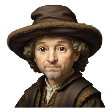 emoji of rembrandt,-shown-as-a-master-artist-with-deep,-introspective-eyes-and-richly-detailed-period-clothing,-rendered-with-dramatic-chiaroscuro-lighting-that-emphasizes-his-legacy brown puffy hat sticker
