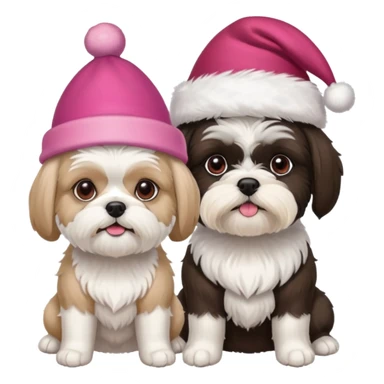 two dogs one little white all over shih tzu dog with pink santa hat and one mostly white with black havanese dog wearing a red santa hat sticker