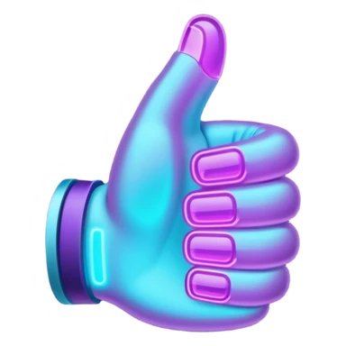 futuristic glowing thumbs up, neon purple and cyan light, dark background, digital tech style sticker