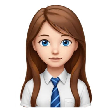 high school class room with a blackboard, with a pretty female high school student with long brown hair, blue eyes, wearing a tie sticker