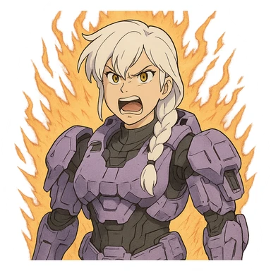 making an angry scowl rage face, rage aura,  female, wearing reach spartan armor shoulder-unequip, long white braid hair with massive messy front side single bangs, gold yellow eyes, attention pose, D-cup size, HALO:series, no helmet, the armor is lavender color scheme, sticker