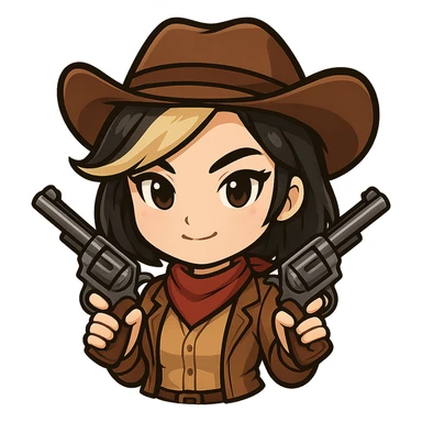 Chibi cowgirl with slightly longer hair and a blonde streak, wearing a cowboy hat and western outfit, holding two revolvers, pose with both guns crossed in front, determined expression, chibi/anime style, transparent background, sized for Twitch or Discord use. sticker