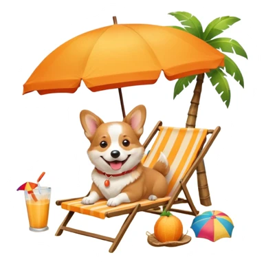 a corgi dog laied on a beach chair, a sunny beach, a sun umbrella, and beach coconut trees. the icon should capture the essence of a relaxing beach vacation with a carefree atmosphere sticker