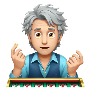 disheveled man losing money at a slot machine, panicked face, coins flying sticker