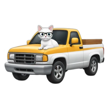 White cat with glasses driving a pickup truck sticker