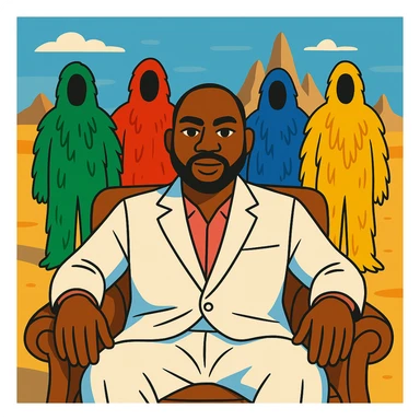 Davido sitting in a brown leather chair, wearing a white suit, with a desert background and four colorful furry characters (green, red, blue, yellow) behind him, inspired by the 'WITH YOU' album cover, in a vibrant toon cartoon style, confident and expressive. sticker