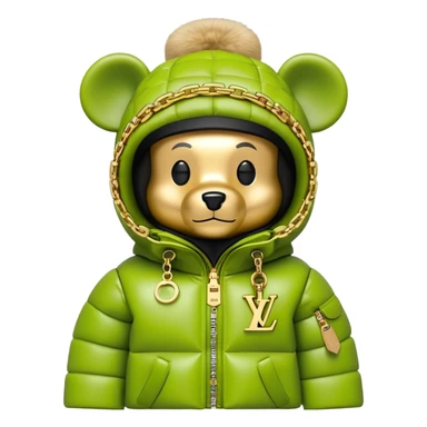 traditional cube-shaped bearbrick toy with squared head, lime balaclava with graffiti logos and integrated dark visor shield, Louis Vuitton monogram puffer jacket with plush fur hood trim, gold chains sticker