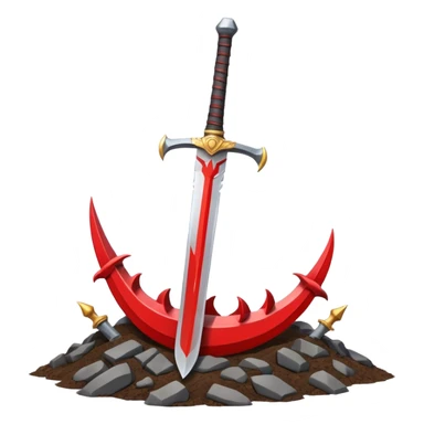 stylized emoji of a massive sword stuck in the ground with a red flag with a dragon head behind it evoking readiness and challenge clean bold WhatsApp emoji style sticker